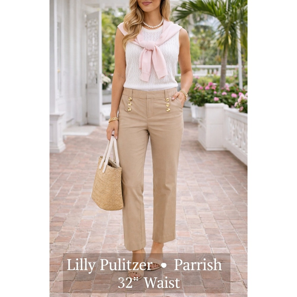 Lilly Pulitzer Parrish Khaki Taylor Pants Gold ButtonTailored‎ Old Money Preppy
